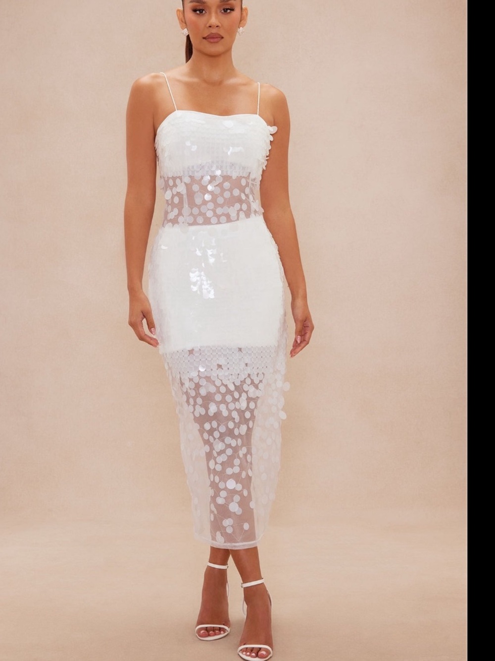 White Sequin Midi Dress with Sheer Paneling